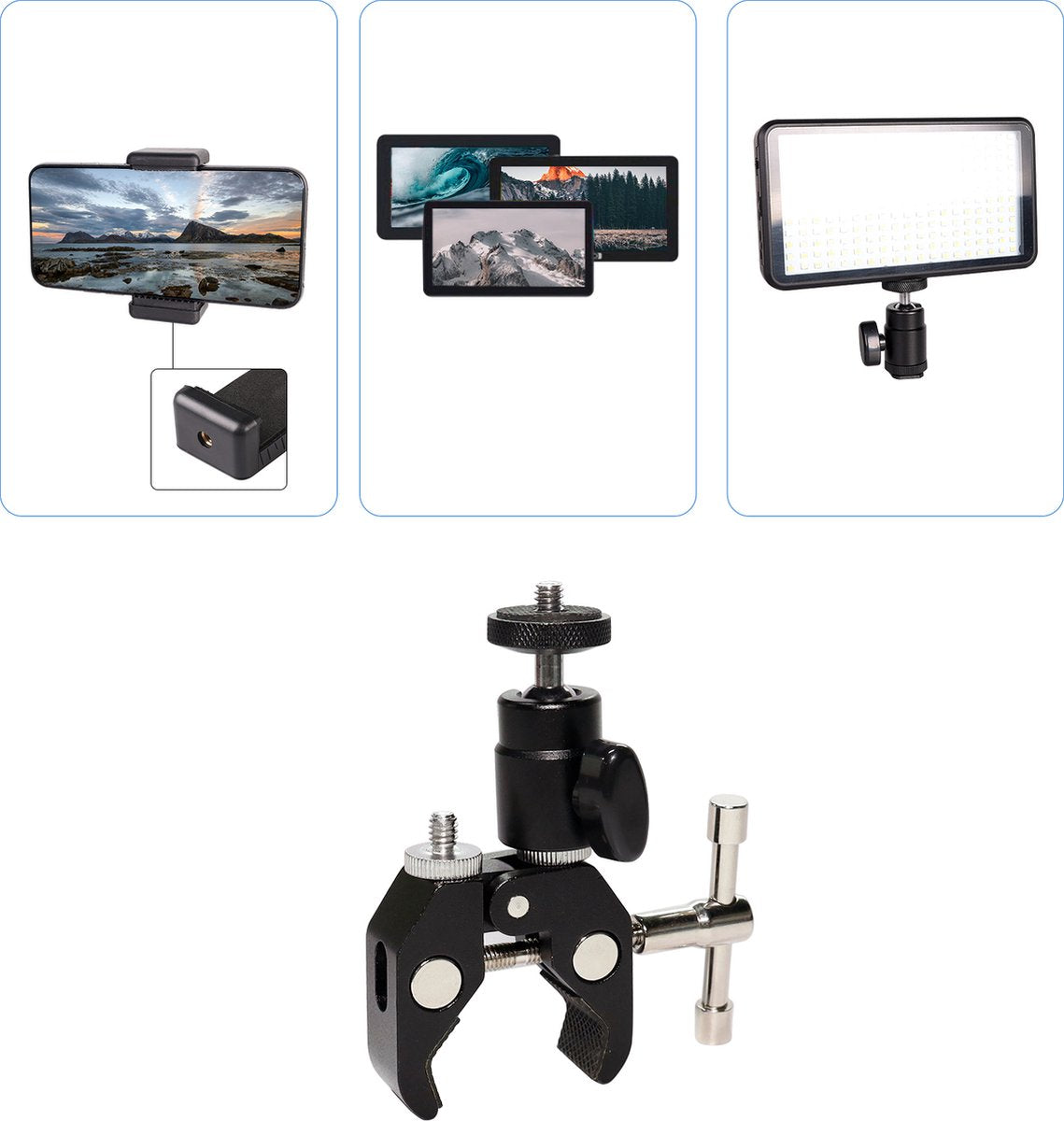 YONO Super Clamp Mount geschikt voor Camera - Klem Statief met Balhoofd, 1/4 en 3/8 Schroef Aansluiting - Zwart