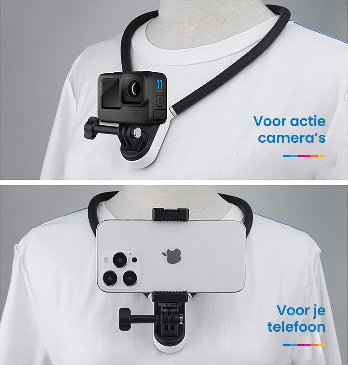 YONO Nekhouder geschikt voor GoPro met Telefoonclip - Actie Camera en Smartphone Houder - Accessoires Mounts - Zwart