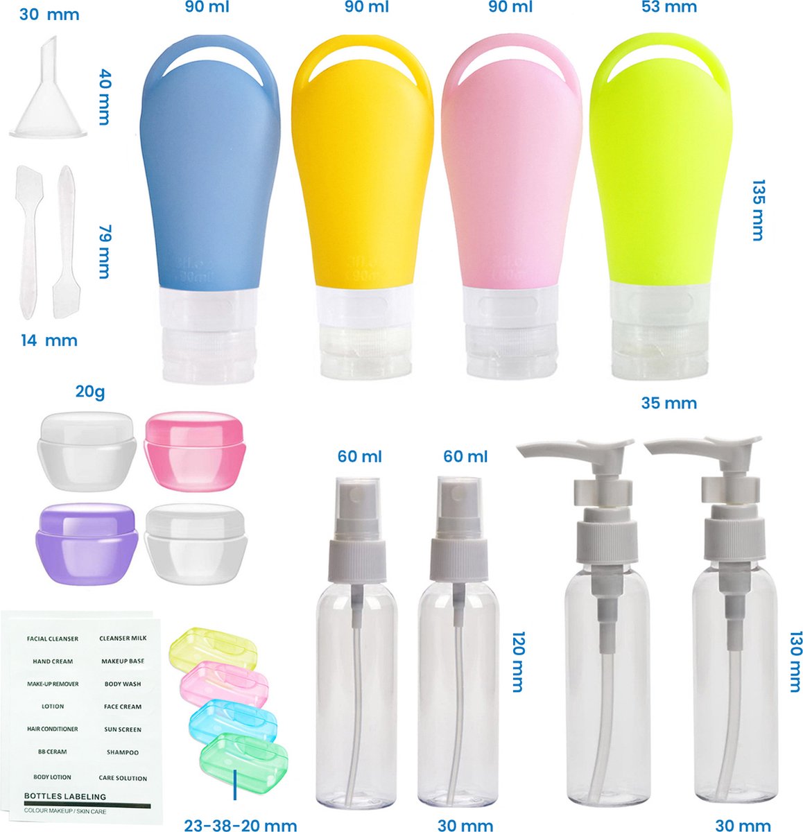 YONO Reisflesjes Handbagage Set XL - Navulbare Reisflacons Siliconen - Spray Flesjes - Cosmetica Potjes - Reispotjes - Reisset Vliegtuig - 19in1