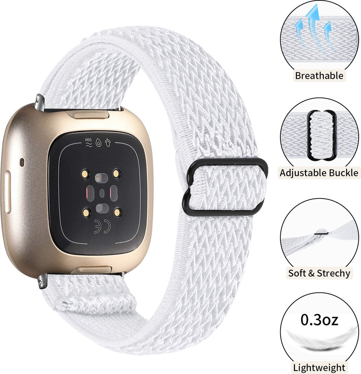 YONO Nylon Stretch Bandje geschikt voor Fitbit Versa 3 / Sense - Wit