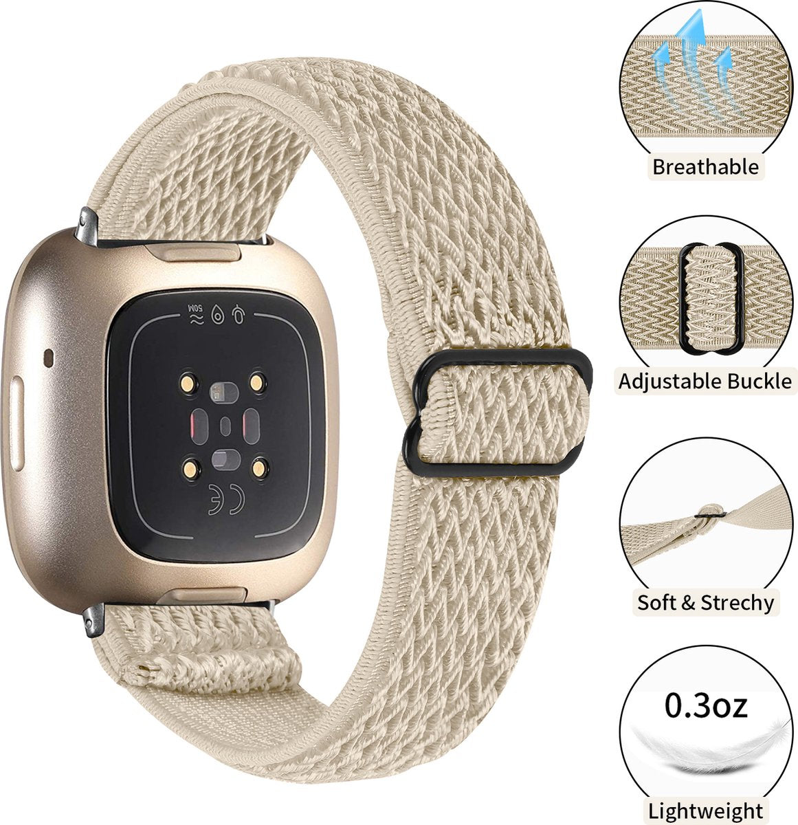 YONO Nylon Stretch Bandje geschikt voor Fitbit Versa 3 / Sense - Champagne