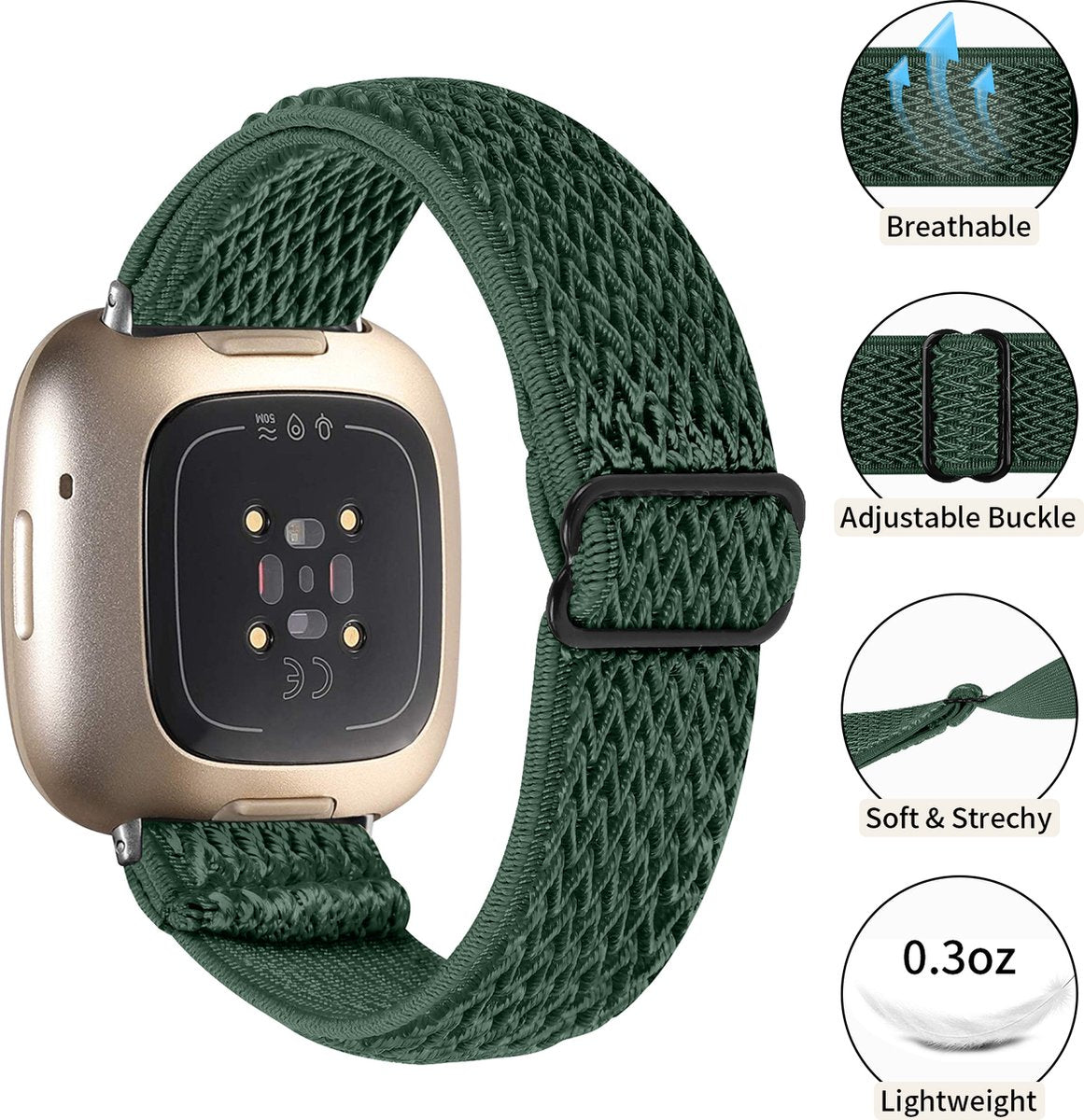 YONO Nylon Stretch Bandje geschikt voor Fitbit Versa 3 / Sense - Donkergroen