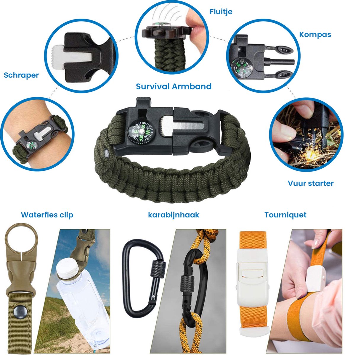YONO Survival Kit Outdoor - Armband - Zakmes - Zaklamp - Vuurstarter - Kompas - Nooddeken en meer - XL Set