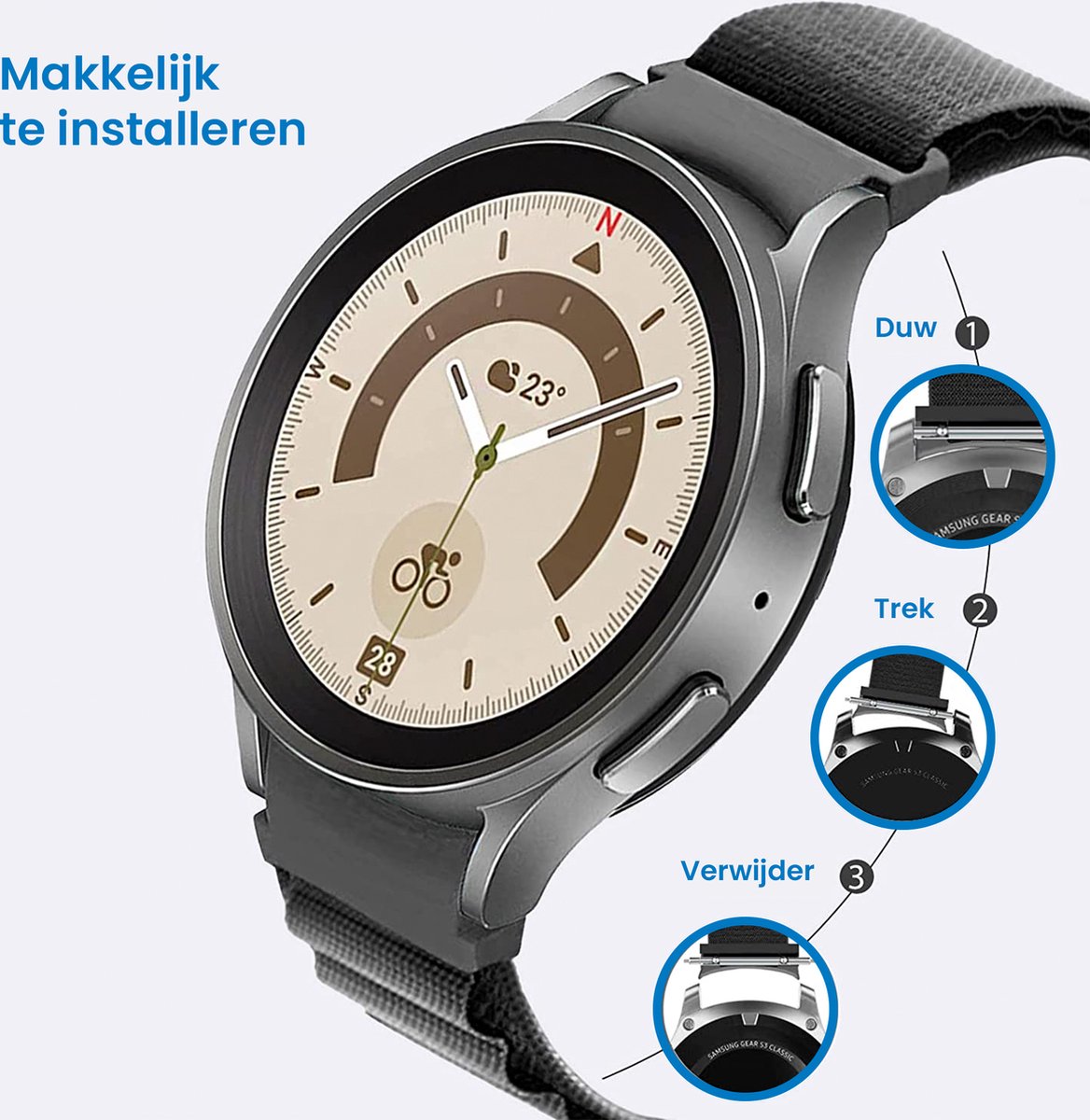 YONO Nylon Loop Bandje 20mm - Horlogebandje geschikt voor Samsung Galaxy Watch 7/6/5 / Pro / 4 / 3 / Active 2 - Polar Ignite / Unite – Huawei - Zwart