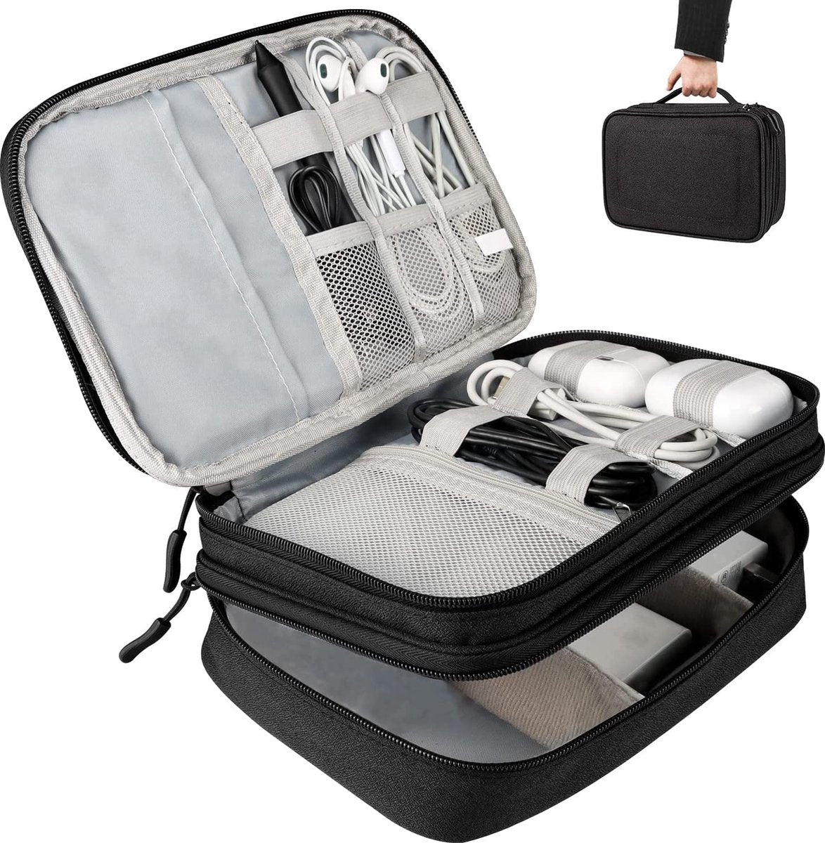 YONO Kabel Organiser Tas Large - Compacte Kabeltas - Opbergtas voor Elektronica en Accessoires - Etui Organizer Case - Zwart