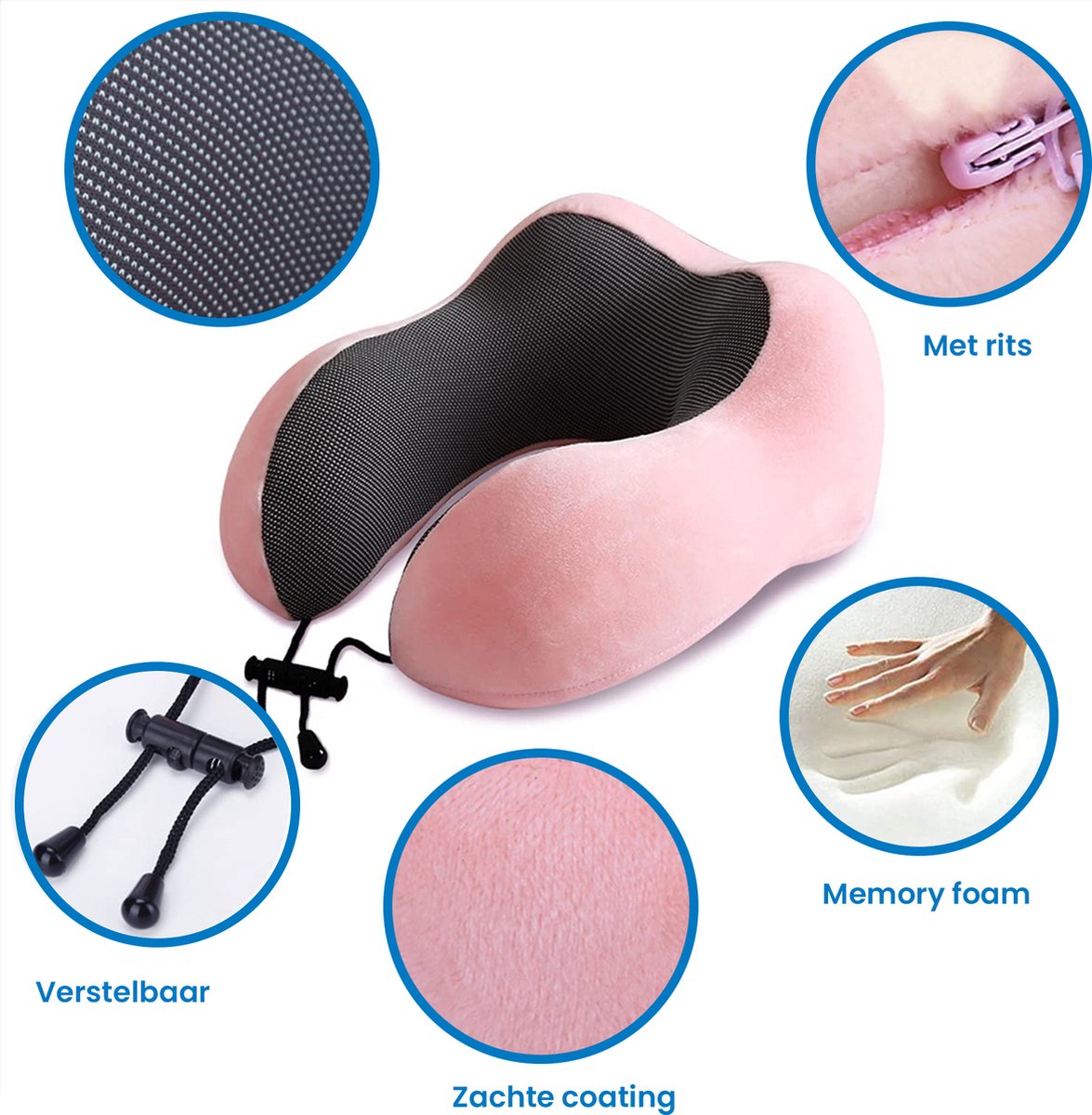 YONO Premium Nekkussen Set - Reiskussen Vliegtuig en Auto - Traagschuim Memory Foam - Inclusief Slaapmasker en Oordopjes Slapen - Lichtroze