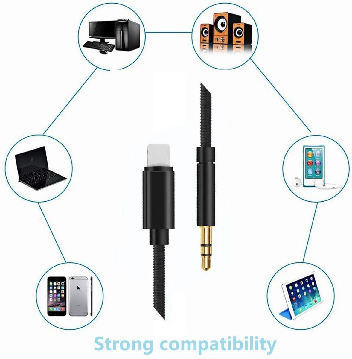 YONO Luxe Lightning naar Jack 3.5mm Adapter – 1 Meter Kabel Nylon – Zwart