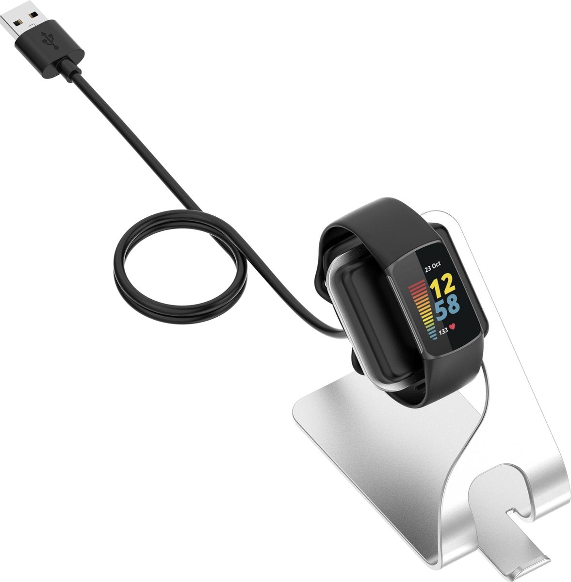 YONO Oplader Dock geschikt voor Fitbit Charge 5 / 6 / Fitbit Luxe - Oplaadstation en Houder - Oplaadkabel - Zilver