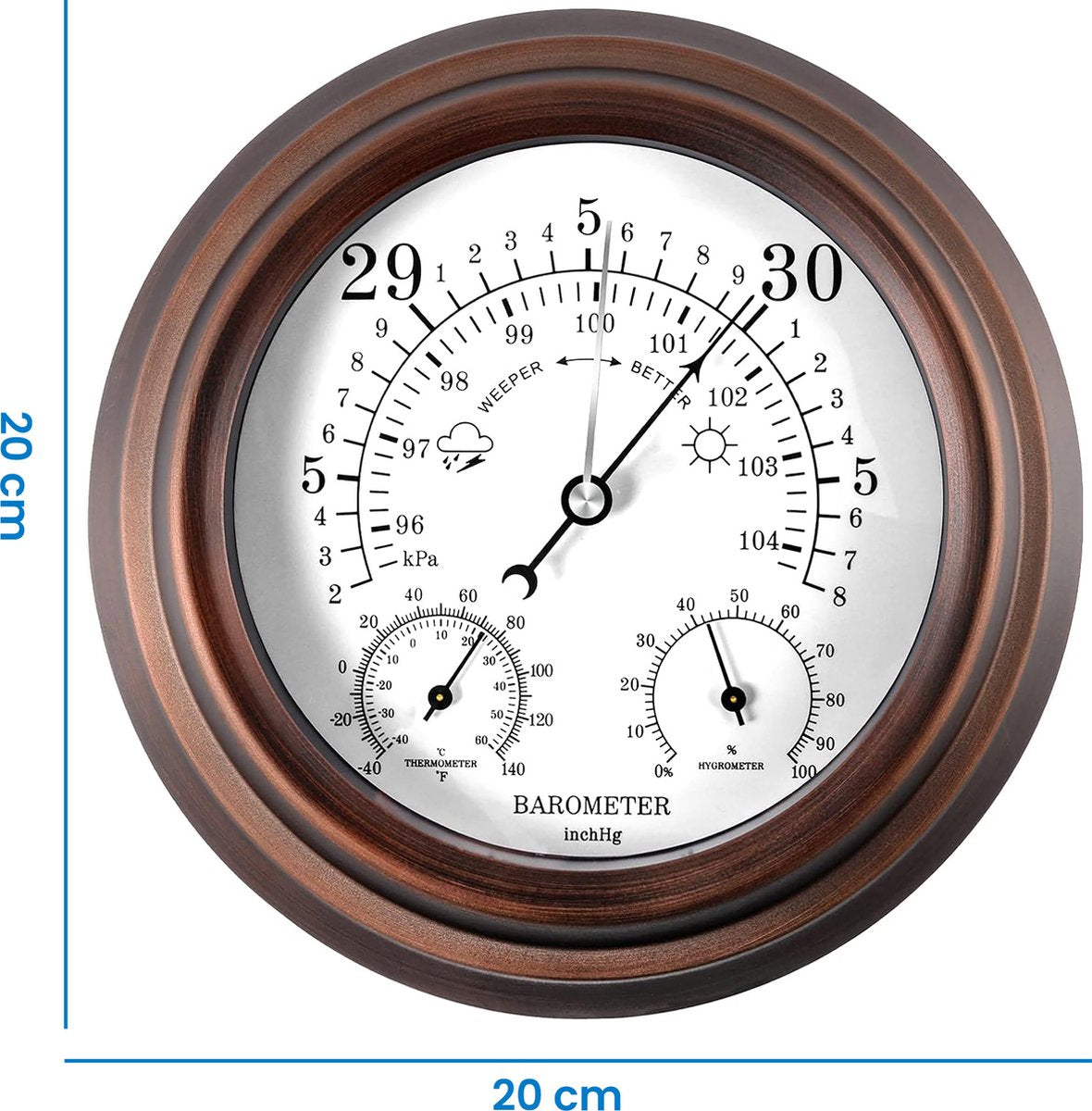YONO Barometer voor Binnen - Klassiek Weerstation met Hygrometer en Thermometer - Houtlook