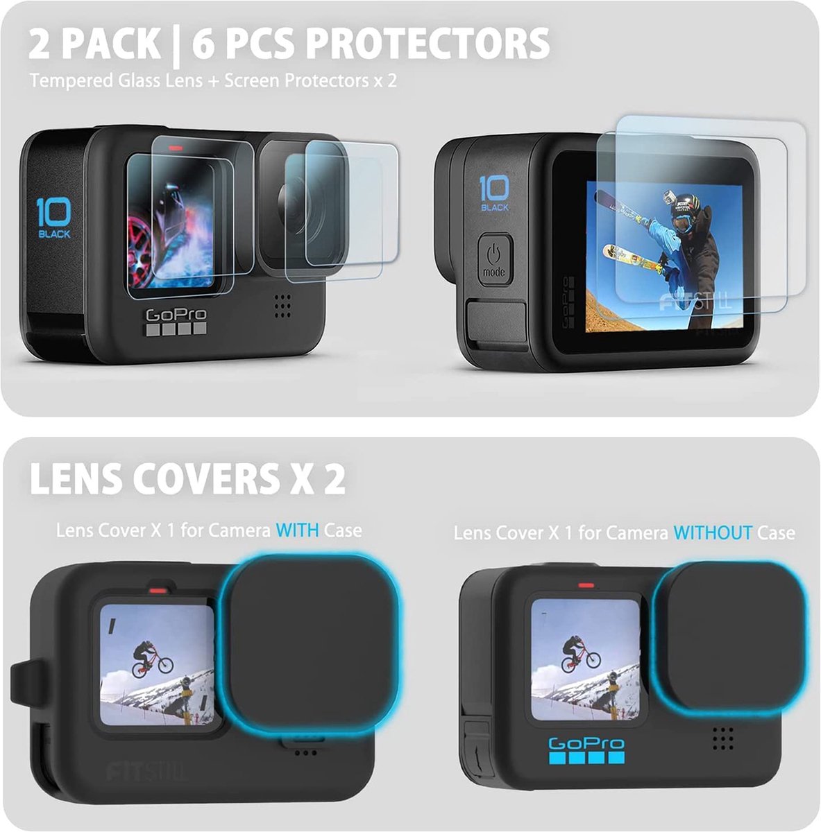 YONO Bescherming Accessoires Set geschikt voor GoPro Hero 12/11/10/9 - Siliconen Case - Polskoord - Lens Kapjes - Screen Protectors - 12 in 1