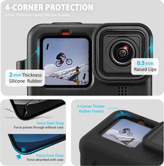 YONO Bescherming Accessoires Set geschikt voor GoPro Hero 12/11/10/9 - Siliconen Case - Polskoord - Lens Kapjes - Screen Protectors - 12 in 1