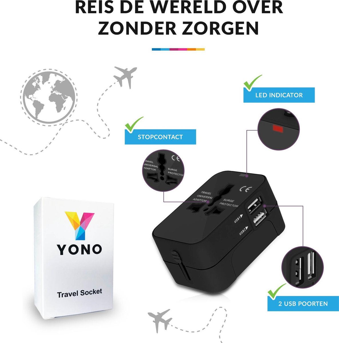 YONO Wereldstekker Universeel met 2 Fast Charge USB Poorten – Internationale Reisstekker geschikt voor 170+ Landen - Amerika/Engeland/UK/Italie/Australië/Japan/Type A/G – Zwart