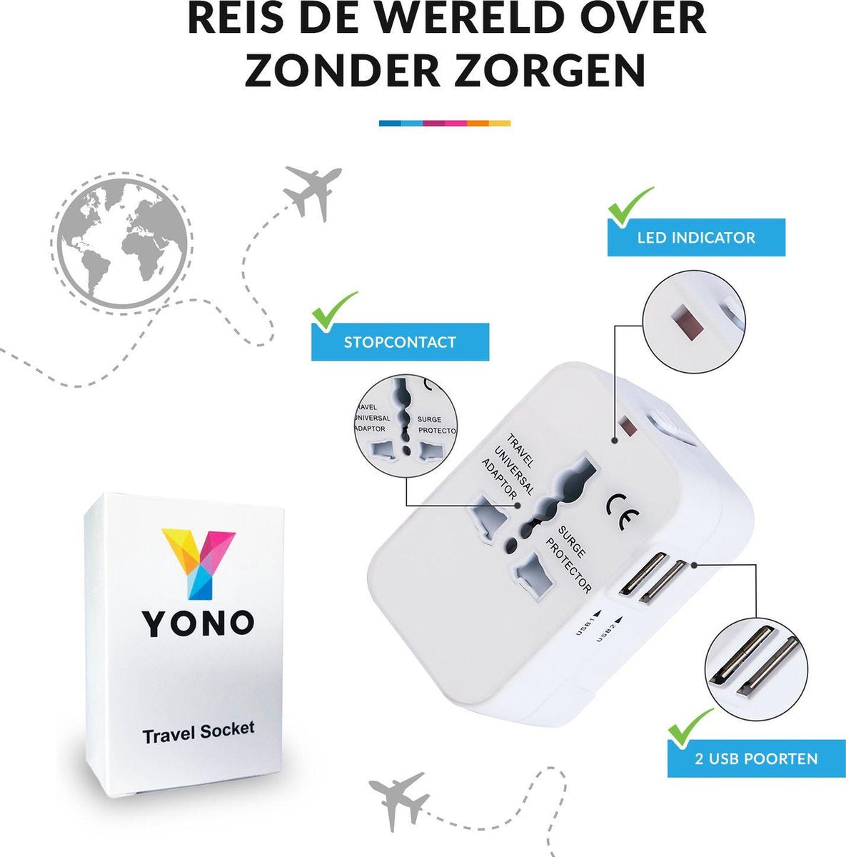 YONO Wereldstekker Universeel met 2 Fast Charge USB Poorten – Internationale Reisstekker geschikt voor 170+ Landen - Amerika/Engeland/UK/Italie/Australië/Japan/Type A/G – Wit