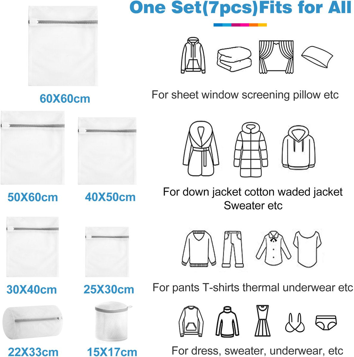 YONO Waszakken Set XL - 7 Stuks - Wasnetten met Rits voor Wasgoed - Waszak Wasmachine - Groot - Wit