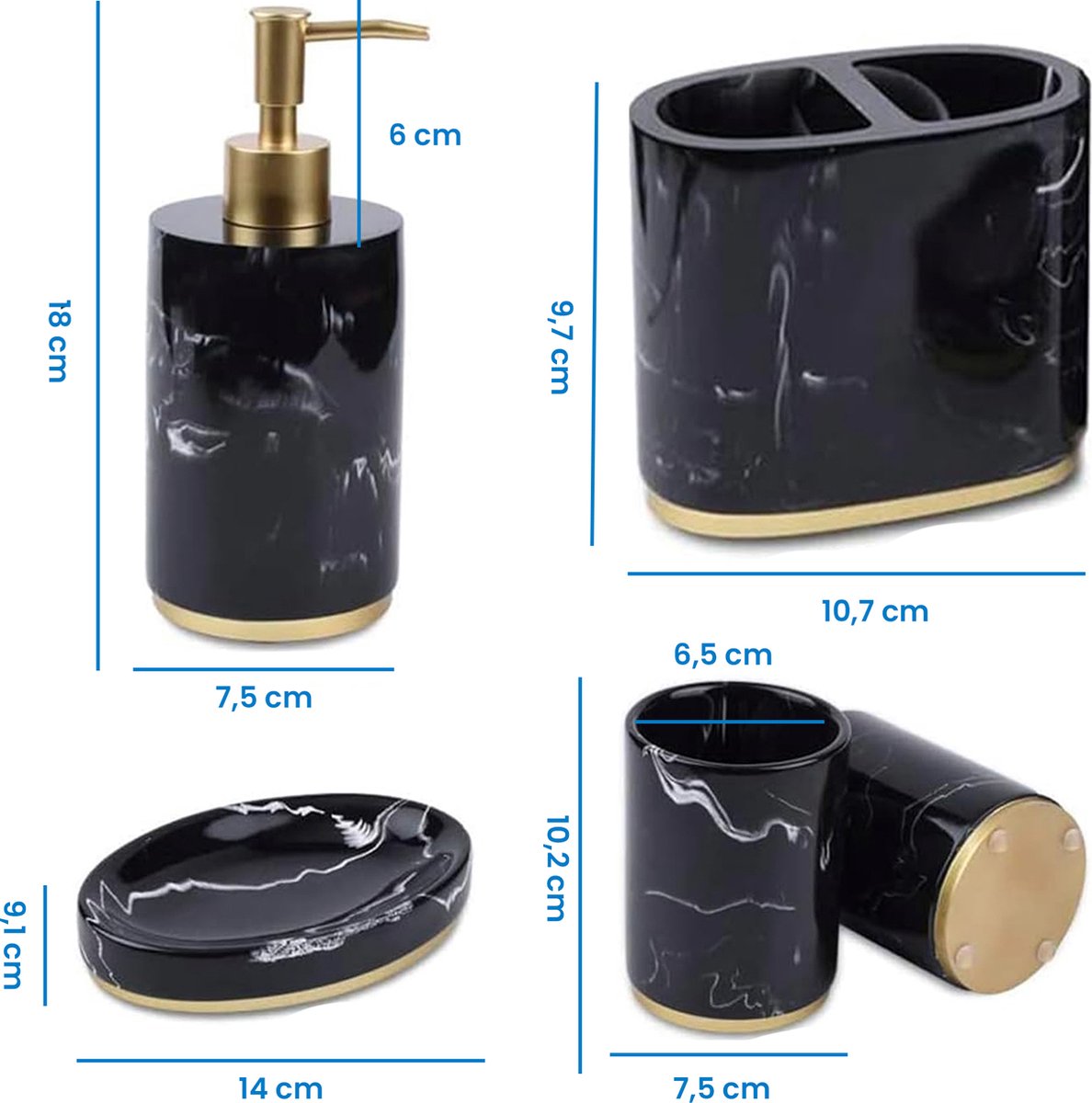 YONO Badkamer Accessoires Set - Zeeppompje - Zeepbakje - Tandenborstel Houder - Beker - Marmerlook Zwart Goud