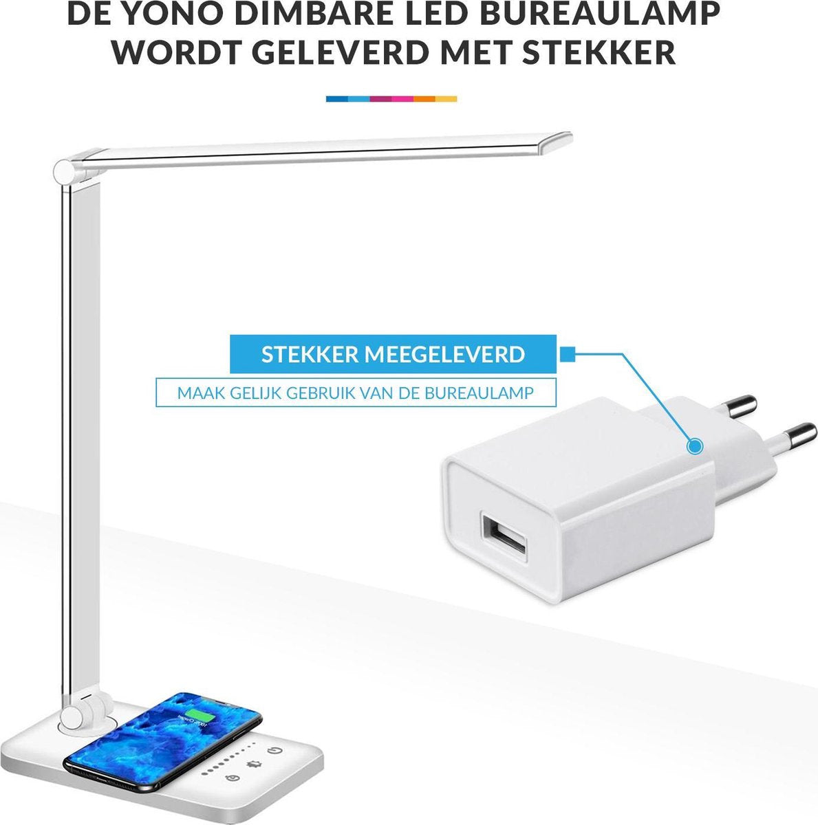 YONO Bureaulamp LED Dimbaar - met Draadloos Oplader en USB - Tafellamp met Stekker - Warm en Wit Licht - Zilver