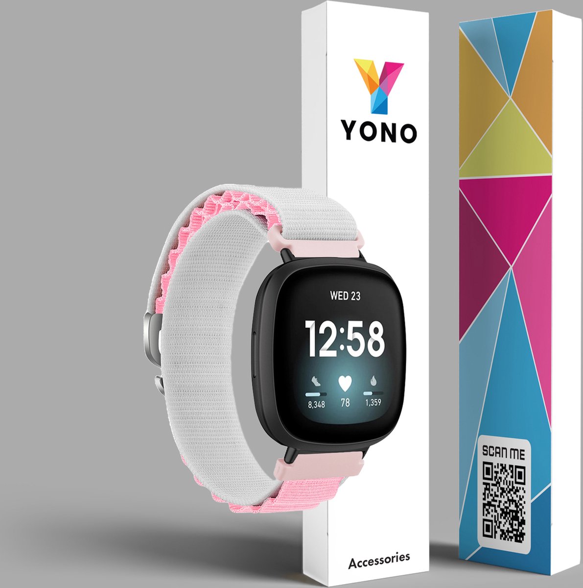 YONO Nylon Loop Bandje geschikt voor Fitbit Versa 4 / Sense 2 - Wit / Roze