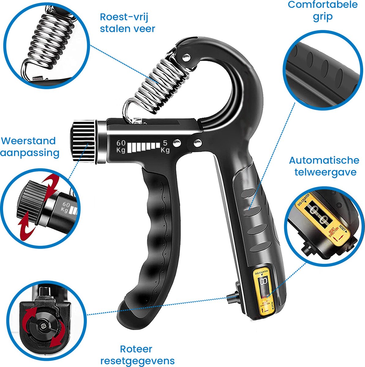 YONO Handtrainer Set - Handknijper Verstelbaar 10 tot 60 kg - Vingertrainer met Teller - Armtrainer - Knijphalter - Onderarm Grip Trainer - 2 Stuks