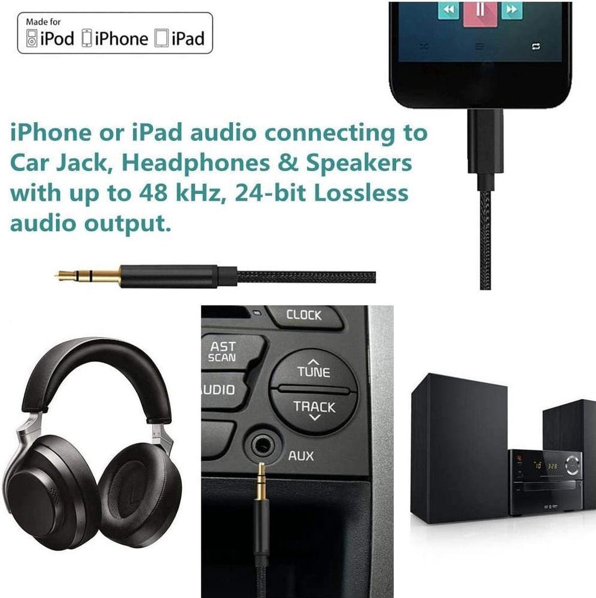 YONO Luxe Lightning naar Jack 3.5mm Adapter – 1 Meter Kabel Nylon – Zwart