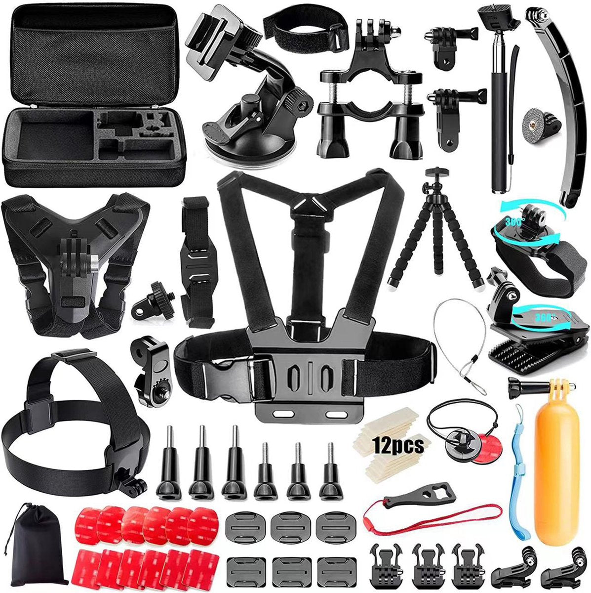 YONO Action Cam Accessoires Set XL - Geschikt voor GoPro Hero 8/9/10/11/12 - DJI Osmo Action 3/4 - Chest Mount / Stick / Case / Statief en meer - 70in1
