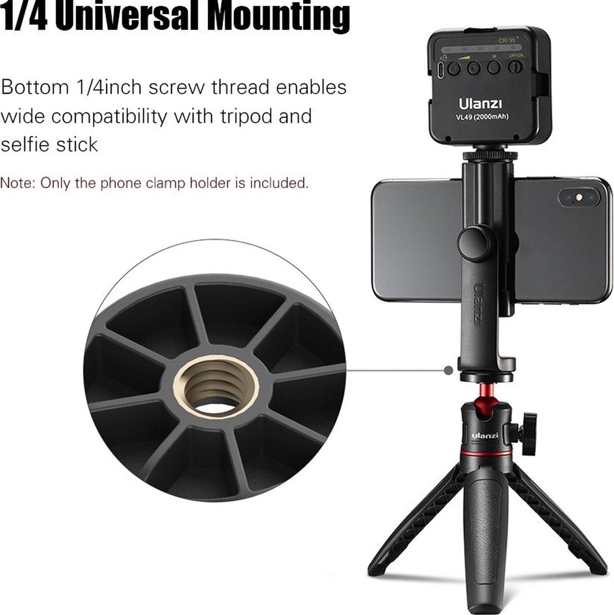 Ulanzi ST-17 360º Draaibare Telefoonhouder voor statief - met Cold Shoe Mount - Voor alle smartphones tot 10 cm breed - Zwart