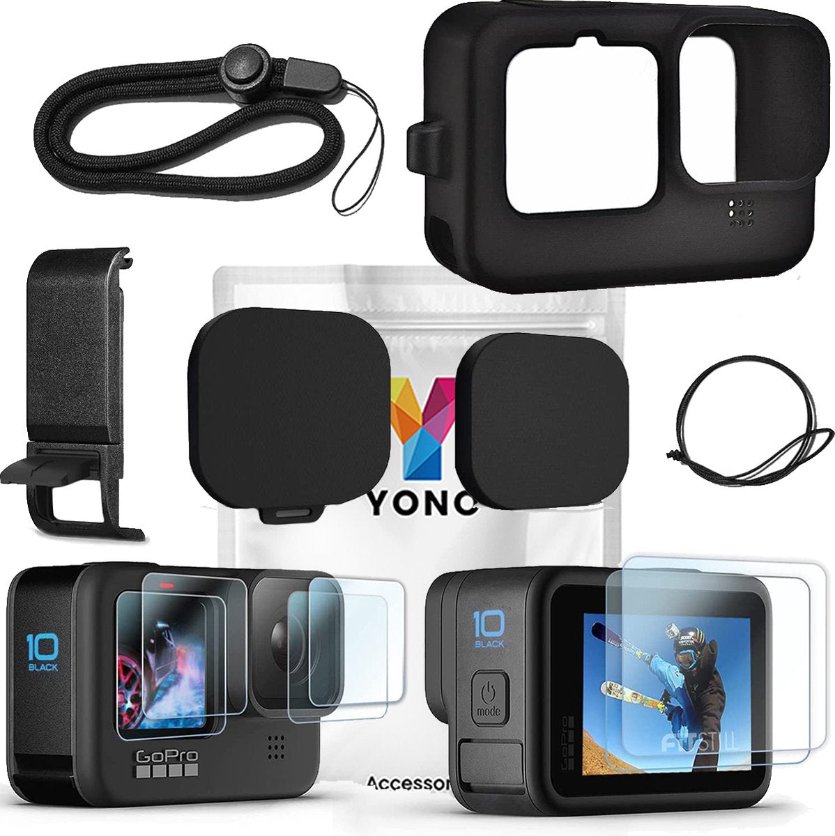 YONO Bescherming Accessoires Set geschikt voor GoPro Hero 12/11/10/9 - Siliconen Case - Polskoord - Lens Kapjes - Screen Protectors - 12 in 1