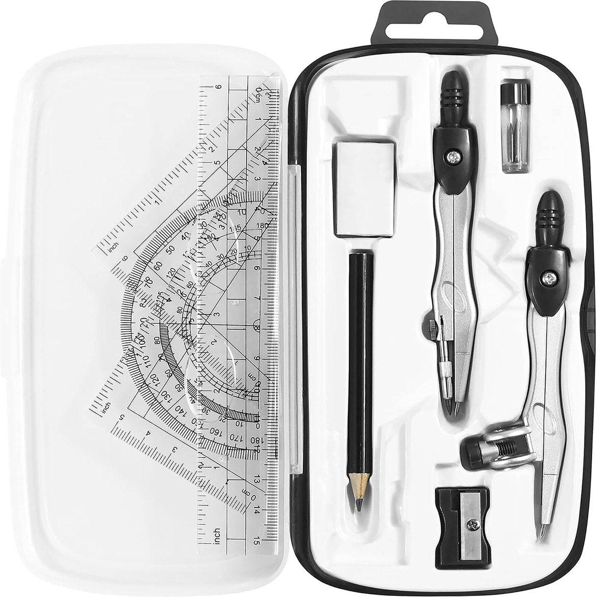 YONO Wiskunde School Set 10in1 - Passer / Geodriehoek / Liniaal / Potlood - Schoolspullen Middelbare - Zwart