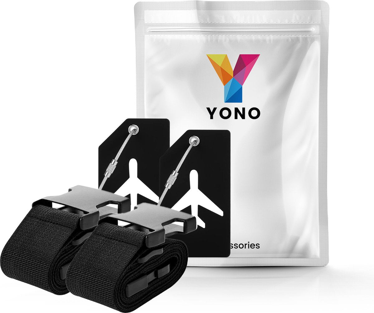YONO Kofferriem met Kofferlabel - 2 Kofferband en 2 Bagagelabel - Dubbele Bagage Riem Verstelbaar - 4 Pack - Zwart