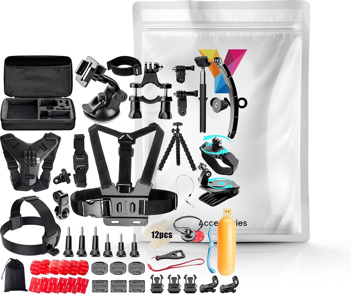 YONO Action Cam Accessoires Set XL - Geschikt voor GoPro Hero 8/9/10/11/12 - DJI Osmo Action 3/4 - Chest Mount / Stick / Case / Statief en meer - 70in1