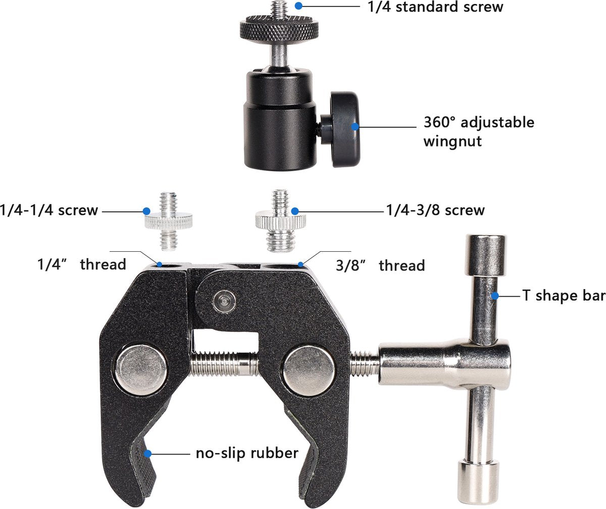 YONO Super Clamp Mount geschikt voor Camera - Klem Statief met Balhoofd, 1/4 en 3/8 Schroef Aansluiting - Zwart