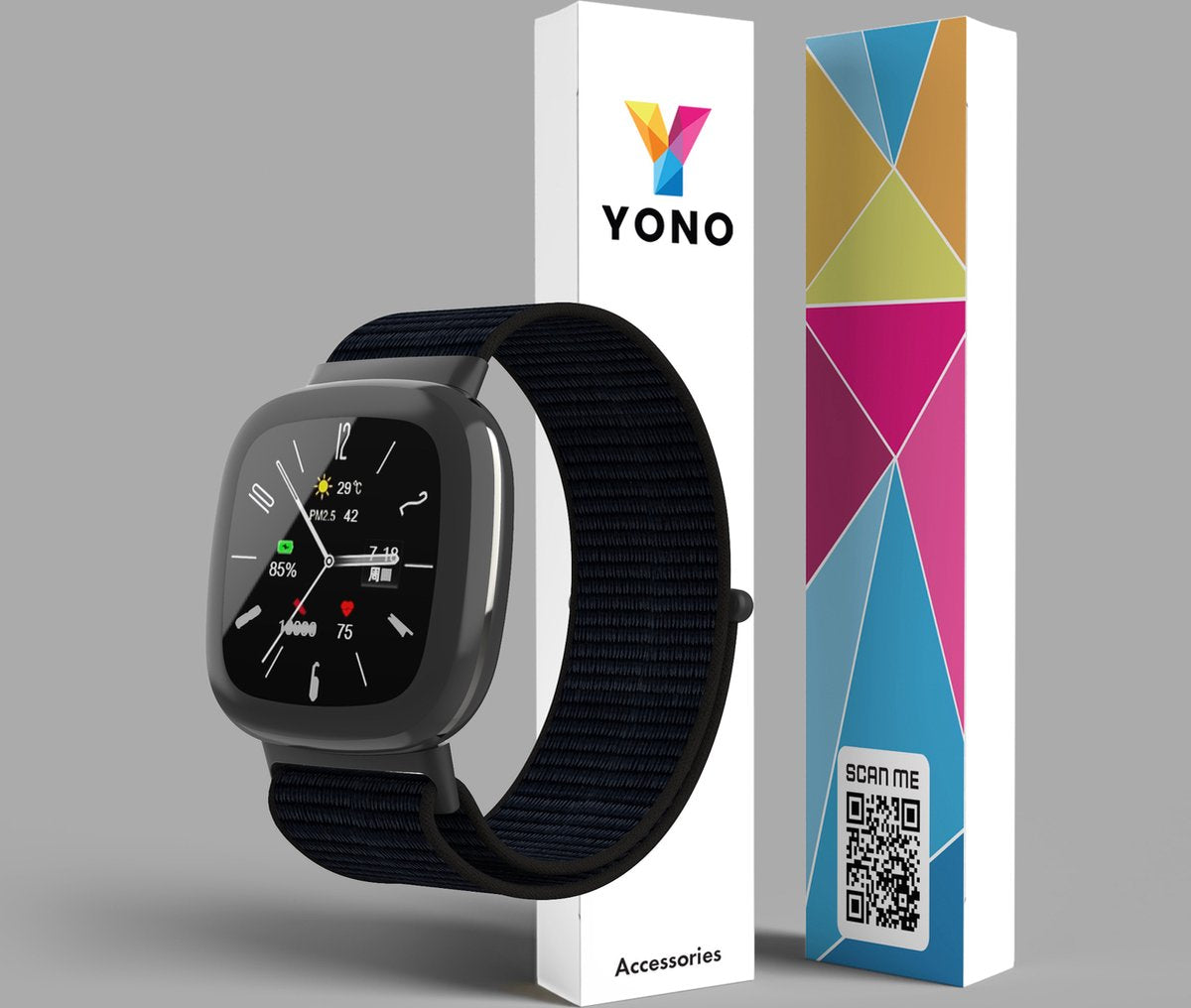 YONO Nylon Velcro Bandje geschikt voor Fitbit Versa 4 / Sense 2 - Zwart