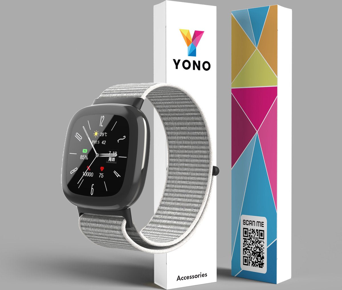 YONO Nylon Velcro Bandje geschikt voor Fitbit Versa 4 / Sense 2 - Lichtgrijs