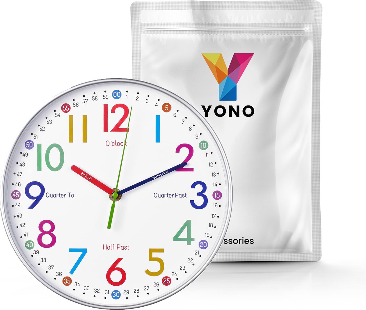 YONO Wandklok voor Kinderen - Leerklok met Kleuren Educatief - Klok Leren Kijken - Stil - Ø 30 cm