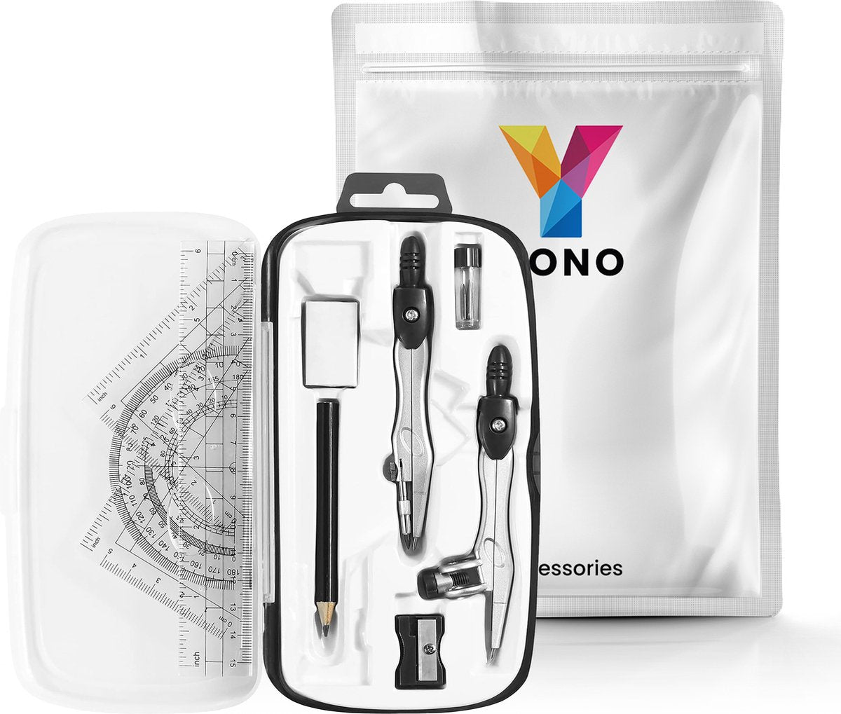 YONO Wiskunde School Set 10in1 - Passer / Geodriehoek / Liniaal / Potlood - Schoolspullen Middelbare - Zwart