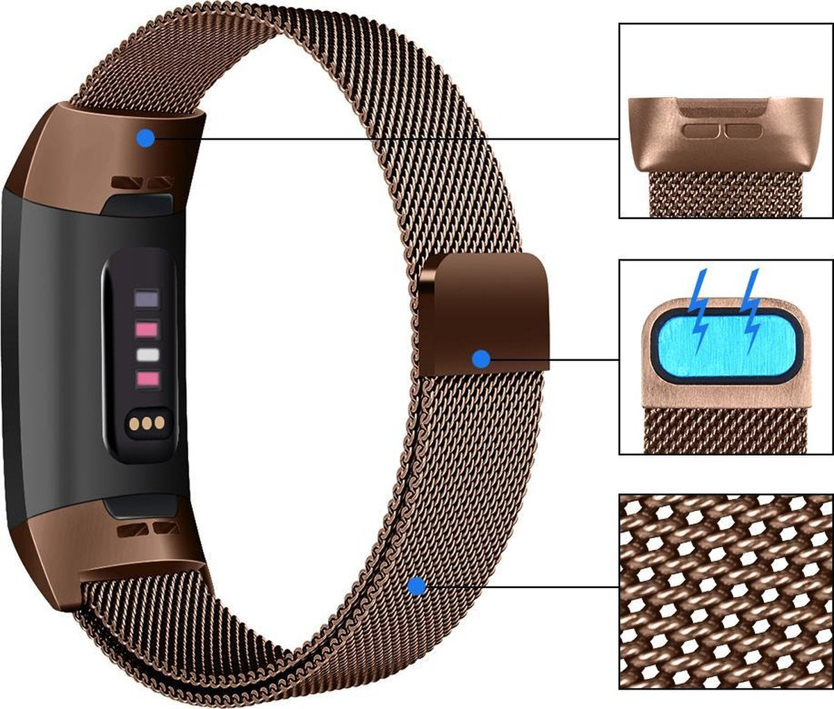 YONO Bandje geschikt voor Fitbit Charge 4/3 – Milanees – Bruin - Large