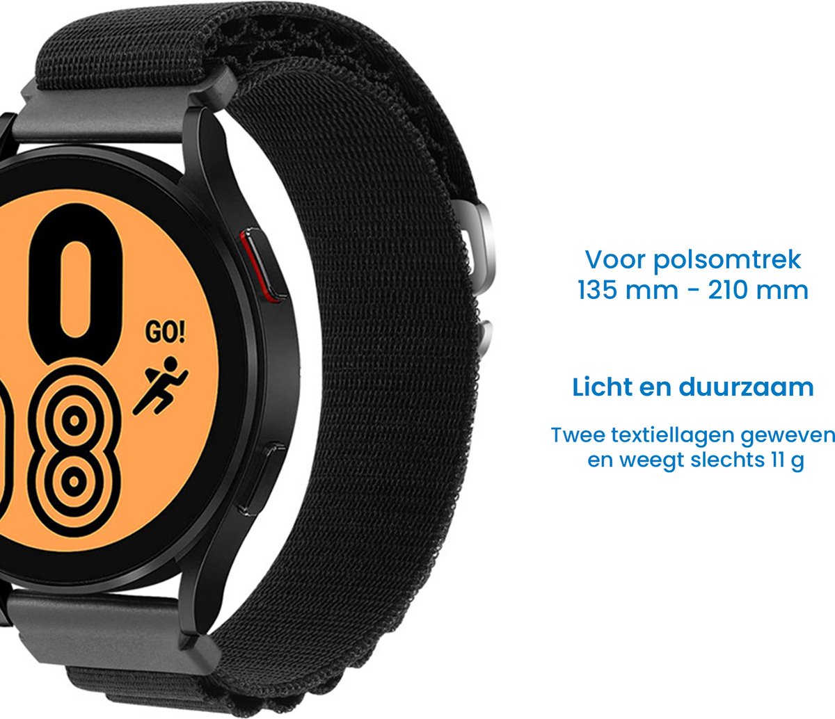 YONO Nylon Loop Bandje 20mm - Horlogebandje geschikt voor Samsung Galaxy Watch 7/6/5 / Pro / 4 / 3 / Active 2 - Polar Ignite / Unite – Huawei - Zwart