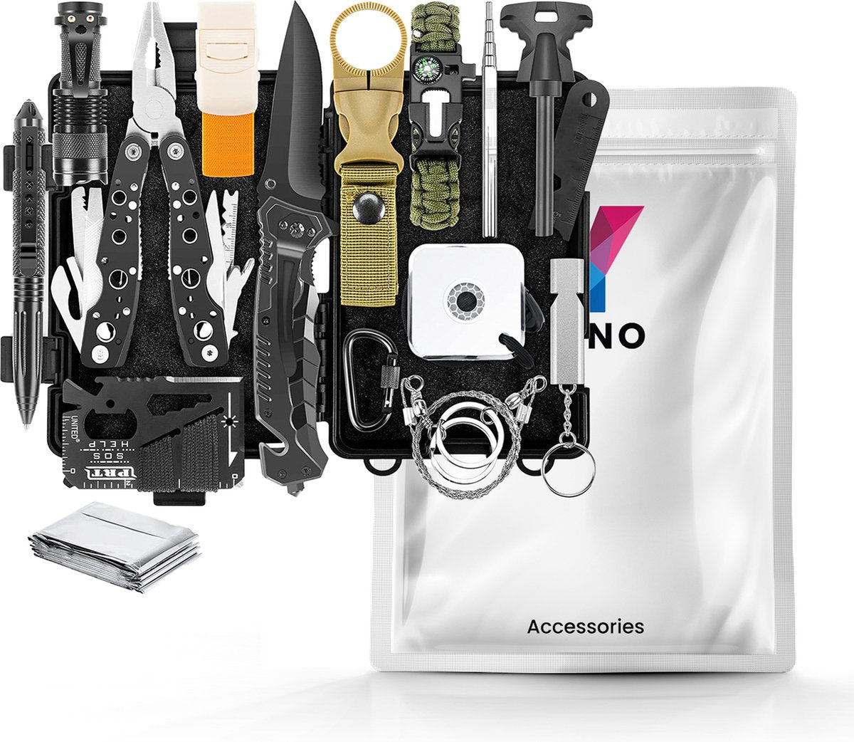YONO Survival Kit Outdoor - Armband - Zakmes - Zaklamp - Vuurstarter - Kompas - Nooddeken en meer - XL Set