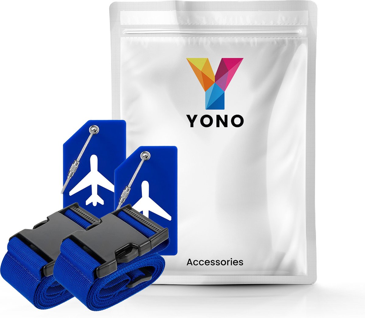 YONO Kofferriem met Kofferlabel - 2 Kofferband en 2 Bagagelabel - Dubbele Bagage Riem Verstelbaar - 4 Pack - Blauw