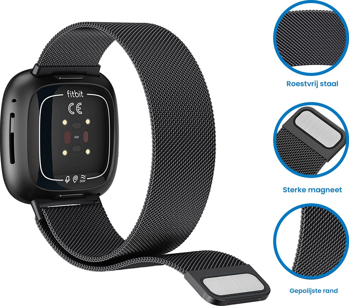 YONO Milanees Bandje geschikt voor Fitbit Versa 4 / Sense 2 – Zwart – Large