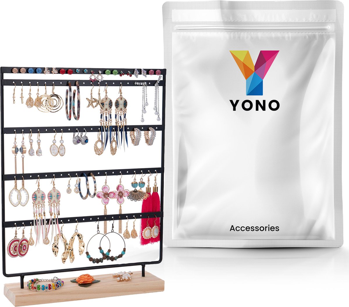 YONO Oorbellenrekje - Sieradenrekje voor Oorbellen Opbergen - Houder Display Rekje - 100 gaatjes - Hout en RVS - Zwart