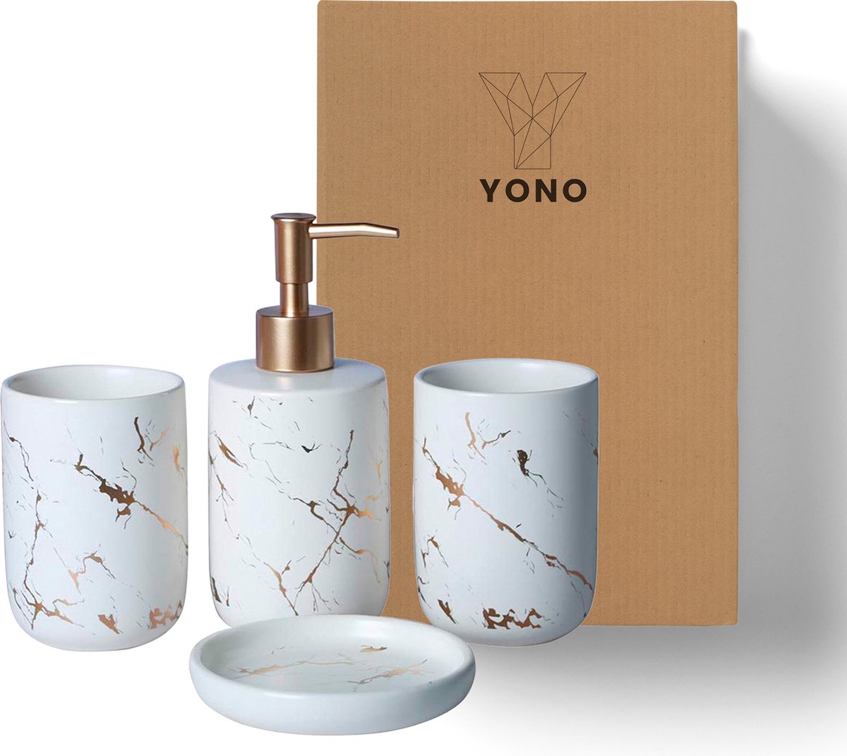 Badkamer Accessoires Set – Tandenborstelhouder –Zeeppompje Zeepbakje – Keramiek met Marmer Design – Wit