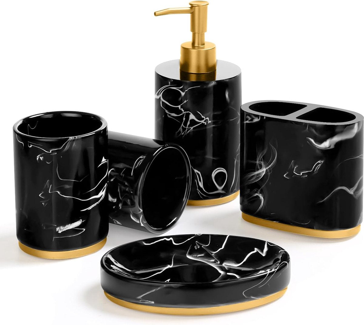 YONO Badkamer Accessoires Set - Zeeppompje - Zeepbakje - Tandenborstel Houder - Beker - Marmerlook Zwart Goud