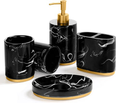 YONO Badkamer Accessoires Set - Zeeppompje - Zeepbakje - Tandenborstel Houder - Beker - Marmerlook Zwart Goud