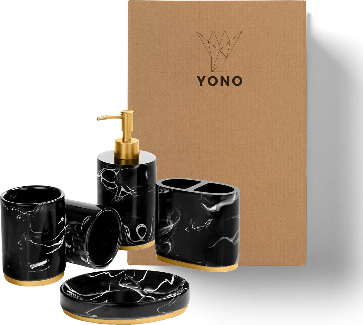 YONO Badkamer Accessoires Set - Zeeppompje - Zeepbakje - Tandenborstel Houder - Beker - Marmerlook Zwart Goud