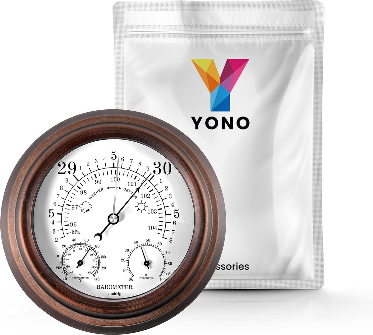 YONO Barometer voor Binnen - Klassiek Weerstation met Hygrometer en Thermometer - Houtlook