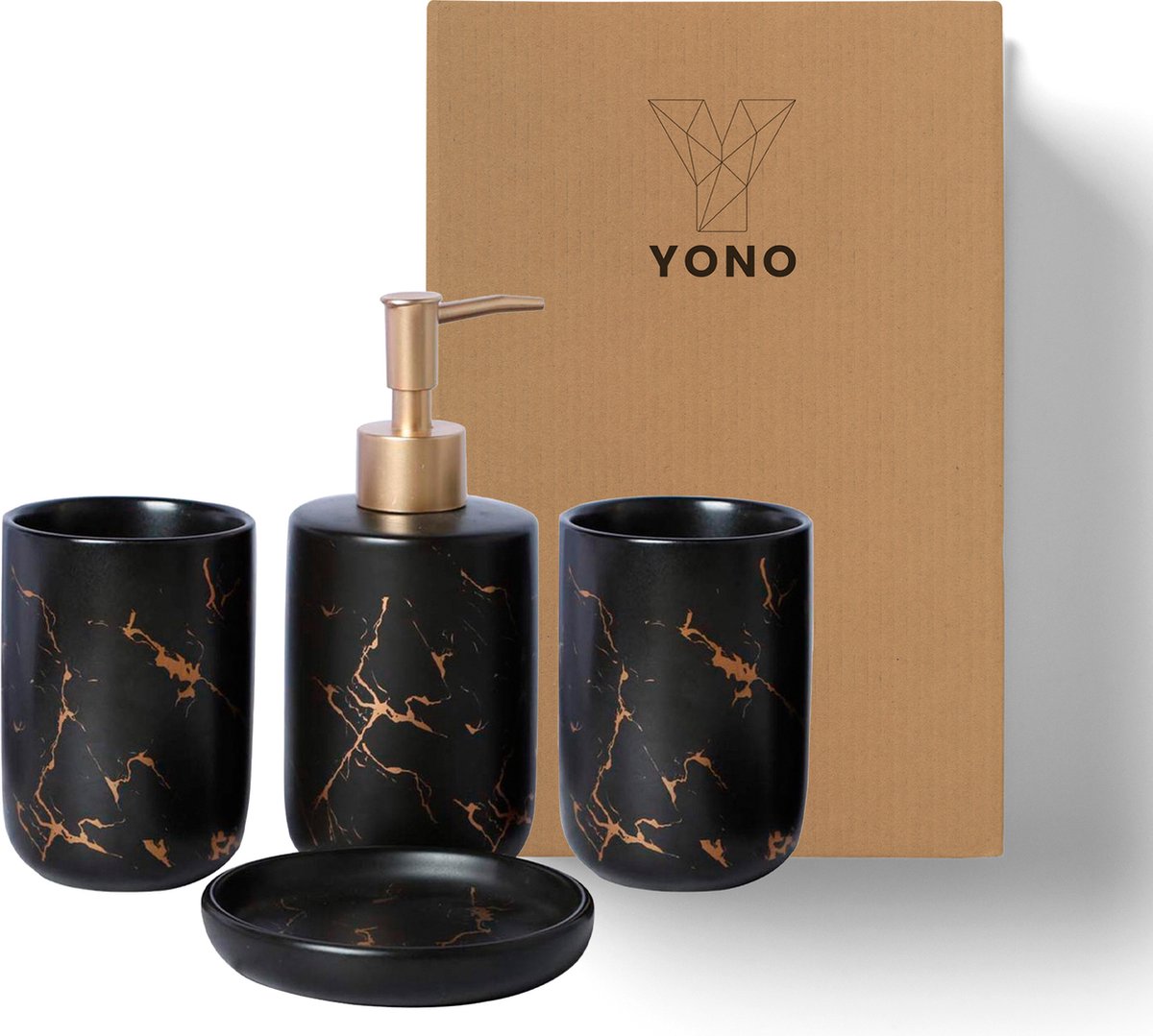 Badkamer Accessoires Set – Tandenborstelhouder –Zeeppompje Zeepbakje – Keramiek met Marmer Design – Zwart
