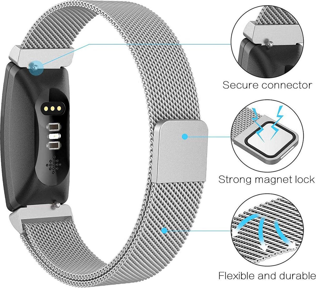 YONO Bandje geschikt voor Fitbit Inspire/HR/2 - Milanees - Zilver – Large