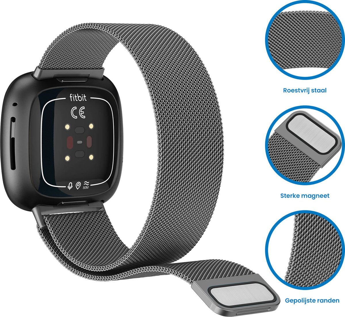 YONO Milanees Bandje geschikt voor Fitbit Versa 4 / Sense 2 – Grijs – Small