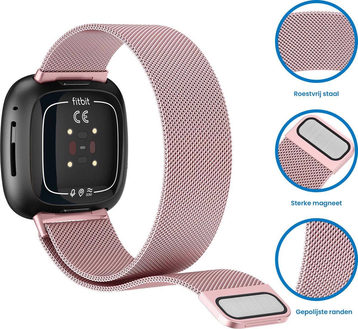 YONO Milanees Bandje geschikt voor Fitbit Versa 4 / Sense 2 – Roze – Small