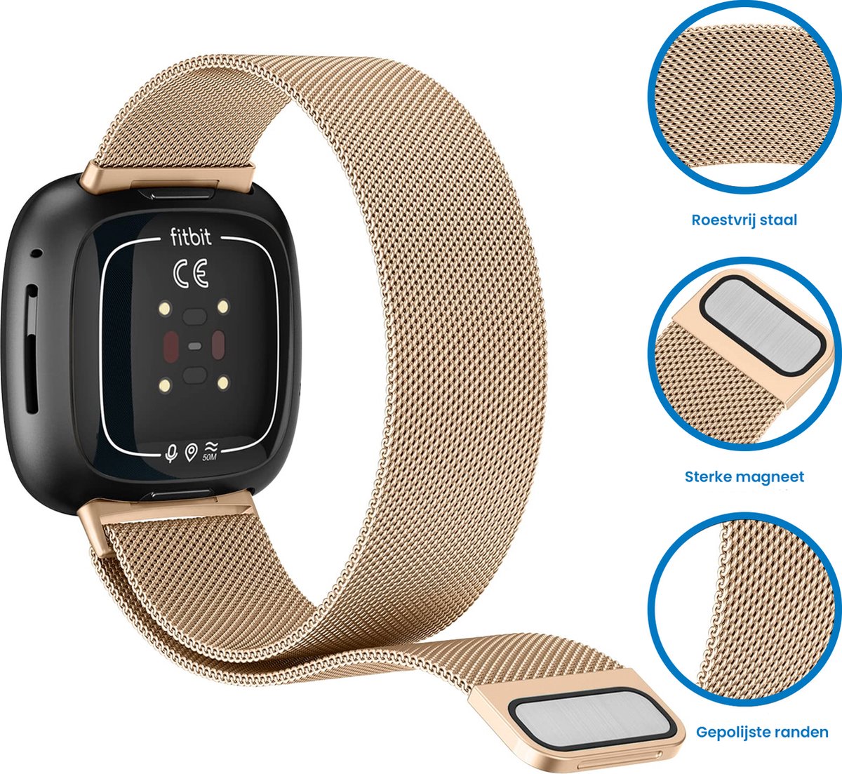YONO Milanees Bandje geschikt voor Fitbit Versa 4 / Sense 2 – Rose Gold – Large